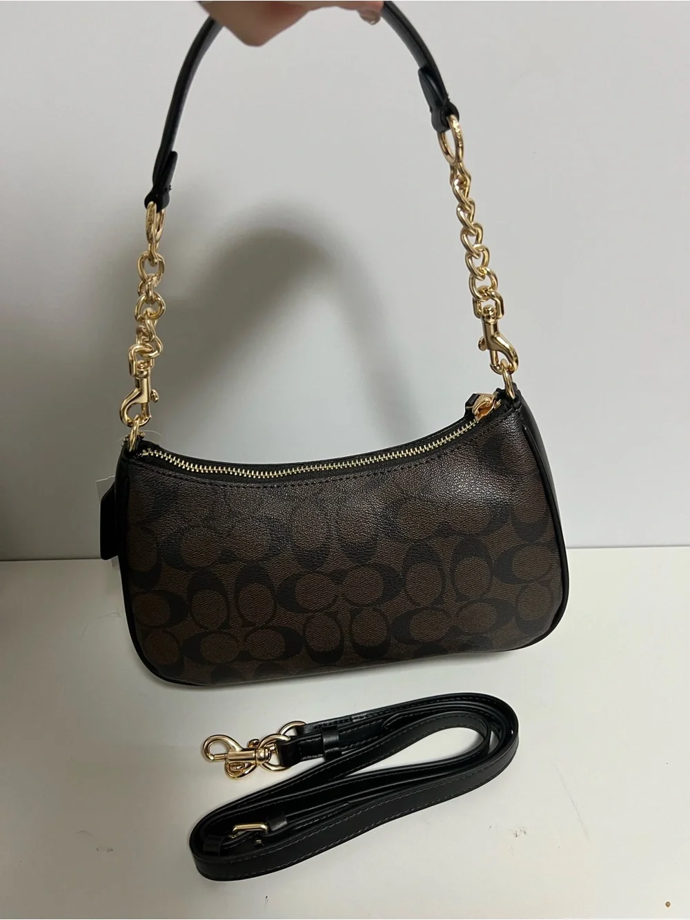 Coach Brown Signature Canvas Shoulder Bag with Black Trim and Gold Hardware